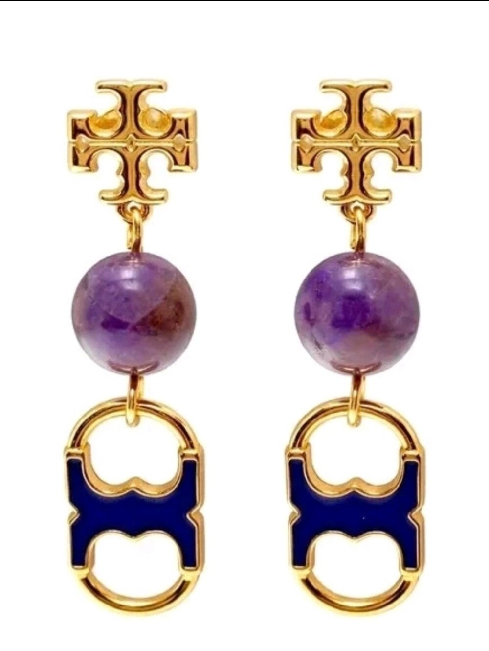 Tory Burch Gold-tone Blue Enamel & Purple Stone Gemini Drop Earrings